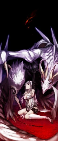 Anime picture 1200x2897 with drakengard zero (drag-on dragoon) mikhail (drag-on dragoon) cham single long hair tall image fringe breasts red eyes large breasts sitting signed cleavage silver hair profile horn (horns) hair over one eye arms up dark background