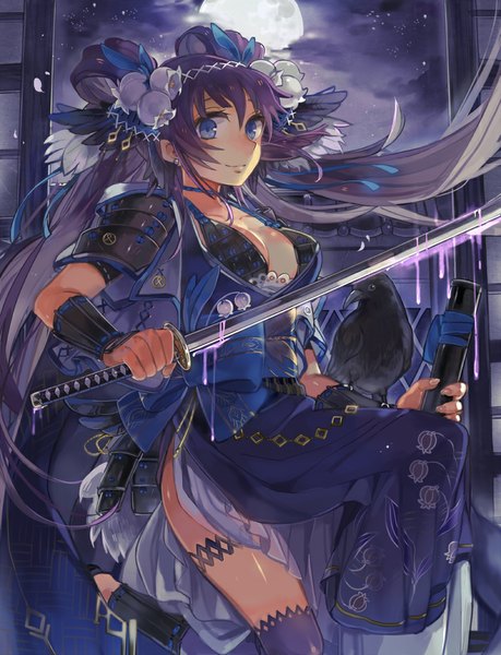 Anime picture 800x1045 with original shiroroko single tall image looking at viewer breasts blue eyes holding sky purple hair cloud (clouds) very long hair traditional clothes light smile wind lips legs girl thighhighs hair ornament