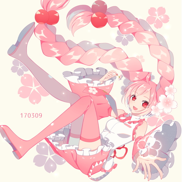 Anime picture 875x875 with vocaloid hatsune miku sakura miku miri (cherryjelly) single looking at viewer open mouth red eyes holding pink hair full body braid (braids) very long hair :d twin braids dated 39 girl skirt flower (flowers)