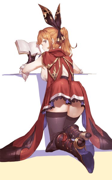 Anime picture 750x1200 with granblue fantasy clarisse (granblue fantasy) cancer (zjcconan) single long hair tall image looking at viewer fringe blue eyes light erotic simple background standing white background holding bent knee (knees) ass ponytail profile looking back from behind
