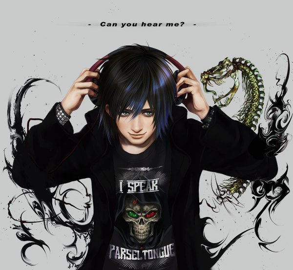 Anime picture 1300x1200 with harry potter albus severus potter flayu (artist) single short hair multicolored hair aqua eyes light smile inscription grey background clothes writing skeleton skull print boy bracelet headphones jewelry t-shirt skull wire (wires)