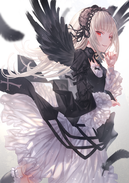Anime picture 1061x1500 with rozen maiden suigintou makai no juumin single long hair tall image looking at viewer blush fringe smile red eyes standing white background payot white hair blunt bangs parted lips arm up wide sleeves dutch angle
