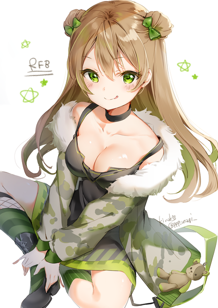 Anime picture 1447x2046 with girls frontline rfb (girls frontline) kinako (shiratama mochi) single long hair tall image looking at viewer blush fringe breasts light erotic simple background hair between eyes brown hair white background sitting green eyes signed cleavage full body