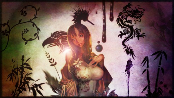 Anime picture 1920x1080 with blade & soul kim hyung tae single long hair highres breasts light erotic brown hair wide image large breasts bare shoulders chinese clothes third-party edit silver eyes girl chinese dress dragon