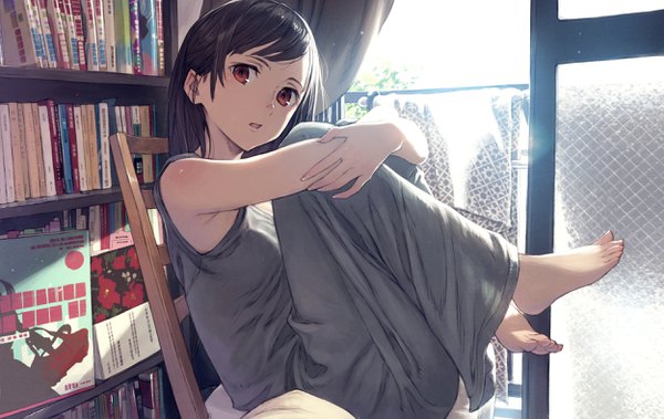 Anime picture 2500x1580 with original kusano shinta single long hair looking at viewer blush fringe highres open mouth black hair sitting bare shoulders brown eyes full body bent knee (knees) indoors head tilt barefoot sunlight body blush