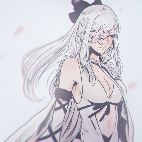 Anime picture 1024x1024 with drakengard zero (drag-on dragoon) koyoriin single long hair fringe breasts simple background standing signed looking away cleavage silver hair upper body pink eyes lips grey background flower over eye girl navel