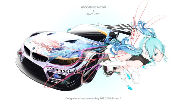 Anime picture 1920x1080 with vocaloid goodsmile racing bmw hatsune miku racing miku moti moti o moti single long hair fringe highres wide image twintails holding looking away multicolored hair aqua eyes aqua hair inscription two-tone hair leaning