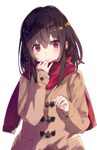 Anime picture 650x1000 with original seki (l0410706268) single long hair tall image looking at viewer blush fringe simple background hair between eyes red eyes brown hair white background upper body long sleeves light smile girl scarf coat red scarf