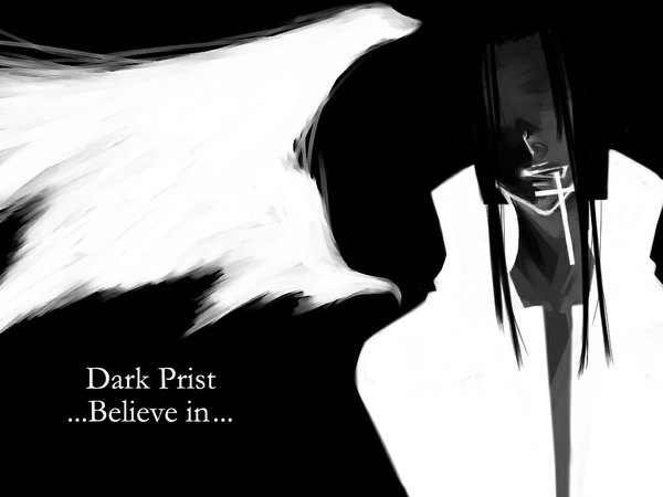 Anime picture 1024x768 with original tagme (artist) black hair monochrome angel no face concept art boy wings choker cross
