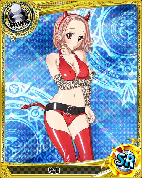 Anime picture 640x800 with highschool dxd katase (high school dxd) single tall image looking at viewer blush short hair breasts light erotic pink hair tail pink eyes horn (horns) card (medium) girl thighhighs navel shorts short shorts