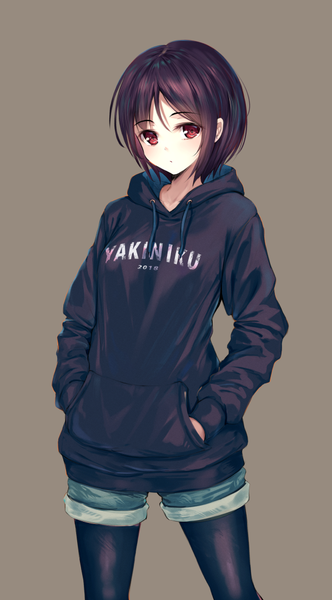 Anime picture 598x1080 with original ouka (ra-raradan) single tall image looking at viewer blush fringe short hair simple background hair between eyes red eyes standing long sleeves clothes writing hands in pockets brown background dark hair girl pantyhose shorts