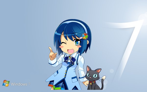 Anime picture 1680x1050 with os-tan windows (operating system) windows 7 madobe nanami single looking at viewer short hair open mouth blue eyes wide image blue hair long sleeves chibi ;d blush stickers girl animal hairband hairclip cat
