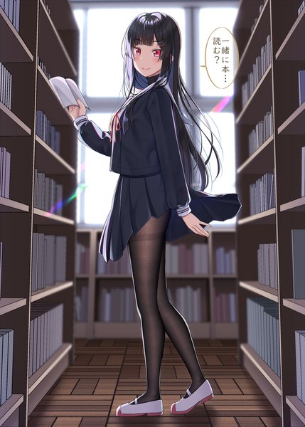 Anime picture 1300x1818 with original gurande (g-size) single long hair tall image looking at viewer blush fringe black hair smile red eyes standing holding full body indoors blunt bangs long sleeves pleated skirt blurry depth of field