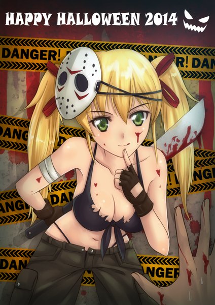 Anime picture 2480x3507 with original sawwei005 single long hair tall image highres breasts light erotic blonde hair twintails green eyes halloween mask on head happy halloween 2014 girl navel ribbon (ribbons) weapon hair ribbon