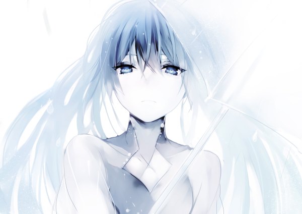 Anime picture 1200x849 with original lpip single long hair looking at viewer fringe blue eyes simple background blue hair rain transparent umbrella girl water umbrella