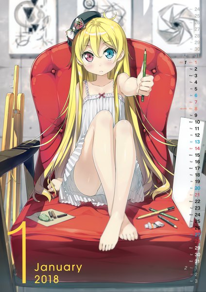 Anime-Bild 4938x6990 mit original kantoku single long hair tall image looking at viewer blush fringe highres blue eyes light erotic blonde hair hair between eyes red eyes sitting holding absurdres full body barefoot blurry