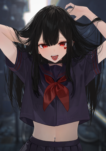 Anime picture 2079x2953 with original enokawa kokoro hara kenshi single long hair tall image looking at viewer blush fringe highres open mouth black hair hair between eyes red eyes standing upper body mole arms up short sleeves midriff
