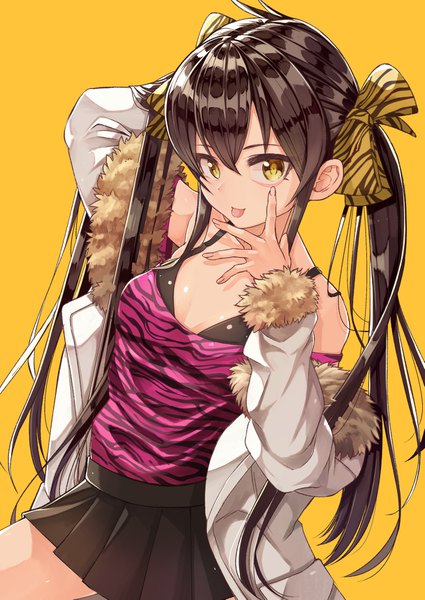 Anime picture 1215x1715 with idolmaster idolmaster cinderella girls matoba risa migimaki (migi mawashi) single long hair tall image looking at viewer fringe breasts black hair simple background hair between eyes standing twintails yellow eyes pleated skirt arm up off shoulder open jacket