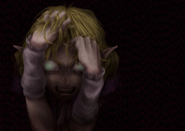 Anime picture 3000x2121 with touhou mizuhashi parsee lif (lif-ppp) single highres short hair blonde hair absurdres green hair pointy ears tears crying blank eyes horror girl