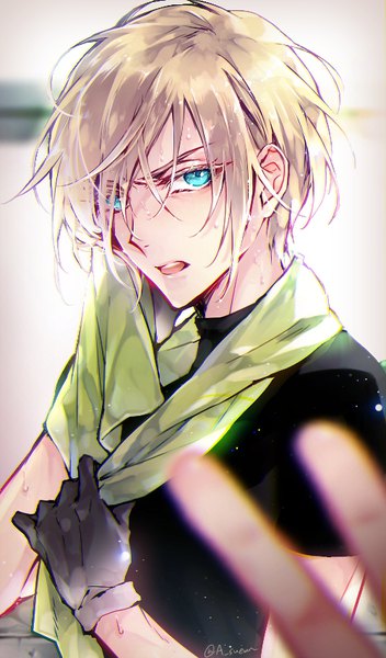 Anime picture 500x850 with yuri!!! on ice mappa yuri plisetsky sueun single tall image looking at viewer fringe short hair open mouth blue eyes blonde hair signed frown messy hair towel around neck boy gloves black gloves towel