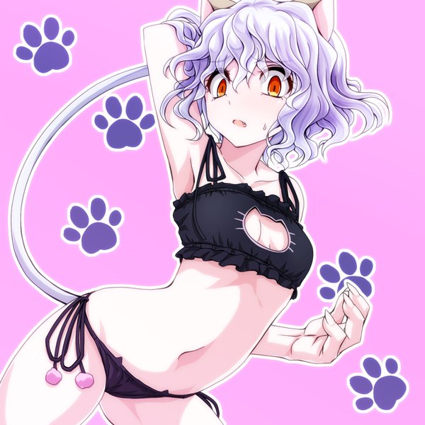 Anime picture 1400x1400 with hunter x hunter neferupito watarui single looking at viewer fringe short hair breasts light erotic hair between eyes animal ears silver hair tail animal tail fingernails cat ears :o cat girl cat tail orange eyes