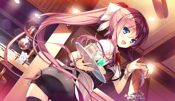 Anime picture 1320x760 with primal x hearts komagata yuzuki single long hair open mouth blue eyes wide image game cg purple hair ponytail waitress girl bow hair bow tray