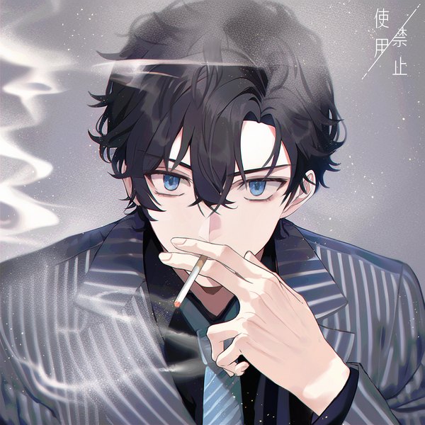 Аниме картинка 2048x2048 с токийские мстители hanagaki takemichi feaa один (одна) чёлка высокое разрешение короткие волосы голубые глаза чёрные волосы простой фон волосы между глазами верхняя часть тела серый фон дым полосатый курение мужчина галстук сигарета