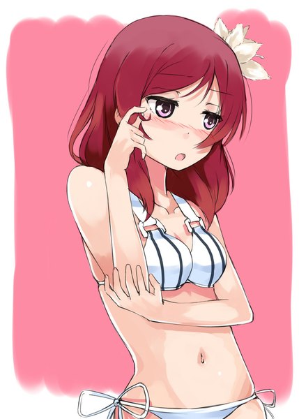 Anime picture 777x1087 with love live! school idol project sunrise (studio) love live! nishikino maki asterism single tall image blush short hair light erotic looking away red hair pink eyes hair flower bare belly girl navel hair ornament underwear panties