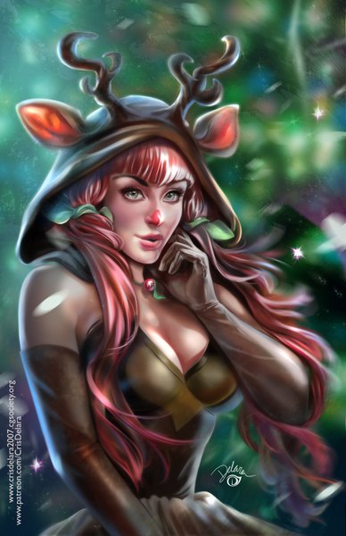 Anime picture 1024x1583 with cris delara single long hair tall image fringe breasts green eyes animal ears red hair horn (horns) lips christmas eyebrows merry christmas girl gloves elbow gloves hood animal costume reindeer costume