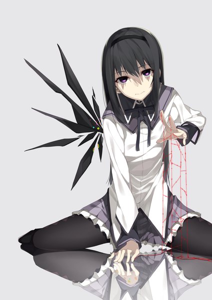 Anime picture 615x870 with mahou shoujo madoka magica shaft (studio) akemi homura 7zu7 single long hair tall image looking at viewer fringe black hair simple background smile hair between eyes sitting purple eyes head tilt pleated skirt grey background arm support wariza