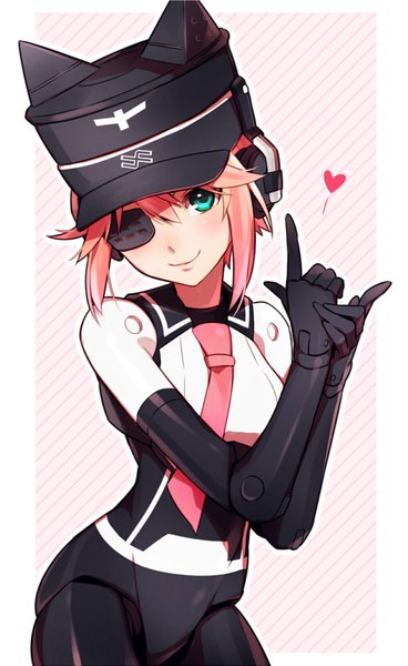 Anime picture 613x1000 with busou shinki murmeltier ai (warekaku) single tall image looking at viewer fringe short hair blue eyes smile animal ears pink hair cat ears girl gloves uniform black gloves necktie elbow gloves headphones