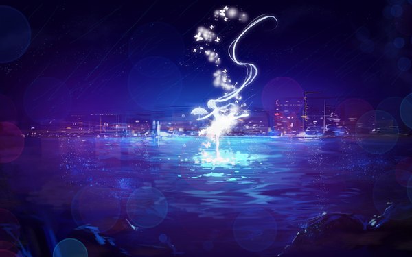 Anime picture 3000x1875 with vocaloid hatsune miku miemia single highres twintails holding eyes closed very long hair night glowing insect wings butterfly wings dancing ballerina girl dress wings water white dress