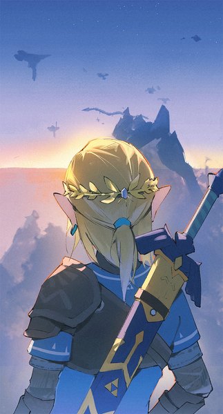 Anime picture 968x1800 with the legend of zelda the legend of zelda: tears of the kingdom nintendo link j fang single tall image short hair blonde hair sky pointy ears from behind half updo fantasy morning sunrise boy weapon sword dragon