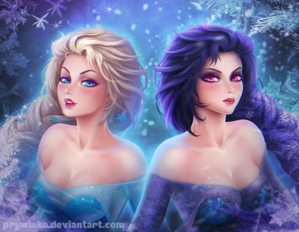 Anime picture 1280x995 with frozen (disney) disney elsa (frozen) olga narhova long hair looking at viewer blush highres breasts blue eyes blonde hair bare shoulders signed purple hair braid (braids) parted lips pink eyes lips realistic teeth