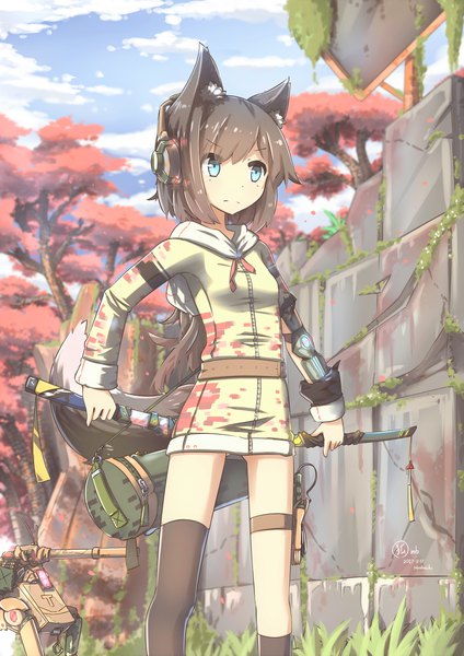 Anime picture 2480x3508 with original hinbackc single tall image fringe highres short hair blue eyes light erotic black hair signed animal ears looking away sky cloud (clouds) outdoors tail long sleeves animal tail fox ears