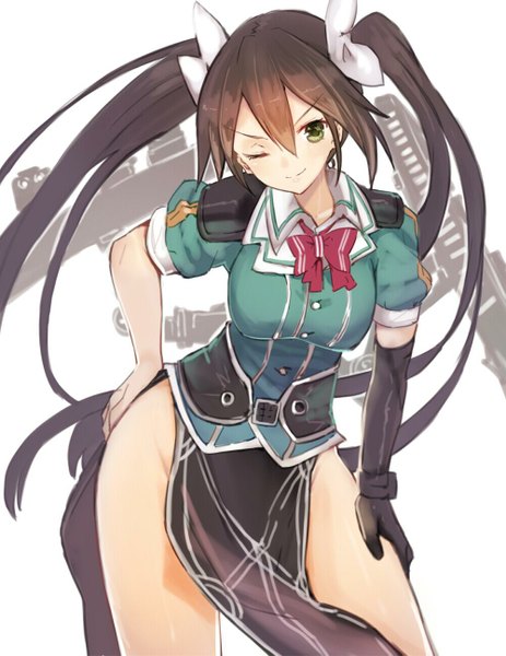 Anime picture 1000x1295 with kantai collection tone heavy cruiser sumisu (mondo) single long hair tall image looking at viewer fringe breasts light erotic smile brown hair large breasts standing twintails green eyes traditional clothes head tilt japanese clothes one eye closed