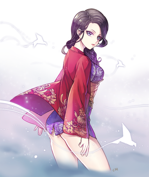 Anime picture 800x947 with blade & soul cm single long hair tall image looking at viewer light erotic black hair standing purple eyes girl short kimono