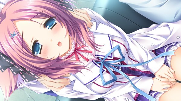 Anime picture 1280x720 with sekai to sekai no mannaka de akane haruka moekibara fumitake looking at viewer blush short hair open mouth blue eyes wide image animal ears pink hair game cg girl uniform bow hair bow school uniform