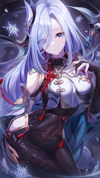 Anime picture 900x1596 with genshin impact shenhe (genshin impact) doco (doco3811) single long hair tall image fringe breasts blue eyes payot looking away silver hair braid (braids) head tilt from above hair over one eye puffy sleeves single braid covered navel hand on chest