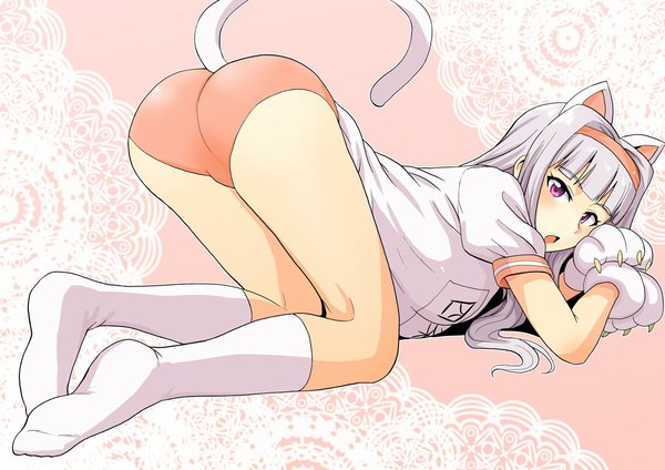 Anime picture 1105x781 with idolmaster shijou takane single long hair open mouth light erotic purple eyes animal ears white hair looking back cat ears cat tail reclining girl gloves uniform socks white socks knee socks gym uniform