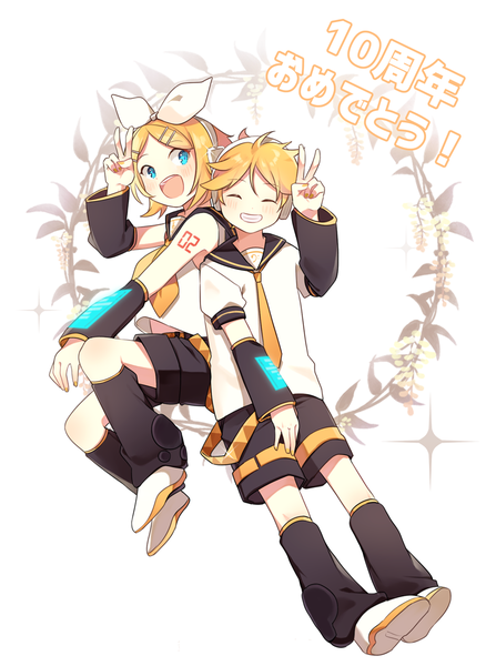 Anime picture 953x1280 with vocaloid kagamine rin kagamine len sal tall image blush short hair open mouth blue eyes blonde hair smile white background full body eyes closed grin text victory ^ ^ siblings twins