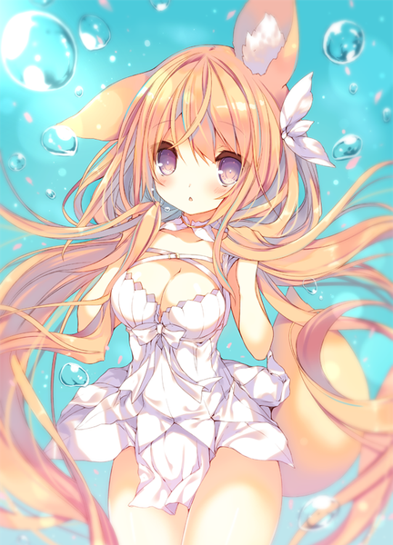 Anime picture 580x804 with original p19 single tall image looking at viewer blush fringe breasts open mouth light erotic blonde hair large breasts purple eyes animal ears cleavage tail very long hair animal tail :o fox ears