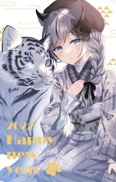 Anime picture 943x1482 with original myusha single long hair tall image blue eyes sitting animal ears braid (braids) traditional clothes japanese clothes multicolored hair grey hair streaked hair single braid floral print hand on chest new year happy new year 2022