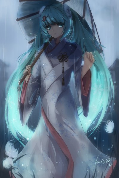 Anime picture 1200x1800 with vocaloid hatsune miku asahi kuroi single tall image looking at viewer standing twintails holding signed very long hair traditional clothes japanese clothes aqua hair wide sleeves hime cut girl hair ornament flower (flowers) kimono