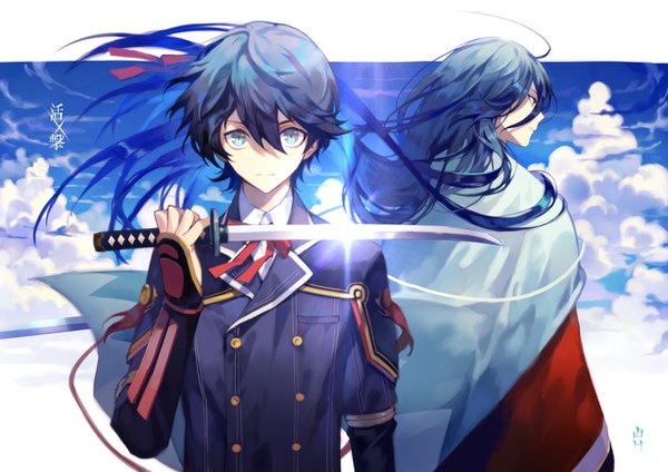 Anime picture 1228x868 with touken ranbu nitroplus izuminokami kanesada horikawa kunihiro yamakawa long hair looking at viewer fringe short hair blue eyes black hair hair between eyes sky cloud (clouds) traditional clothes japanese clothes multiple boys shinsengumi boy weapon