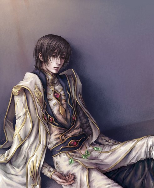 Anime picture 900x1100 with code geass sunrise (studio) lelouch lamperouge r (pixiv) single tall image short hair open mouth brown hair sitting black eyes against wall boy cloak wall