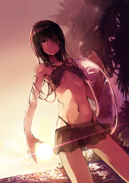 Anime picture 2480x3508 with original f3d (pixiv) single long hair tall image looking at viewer highres light erotic brown hair standing brown eyes tears beach evening sunset crying girl navel swimsuit plant (plants)