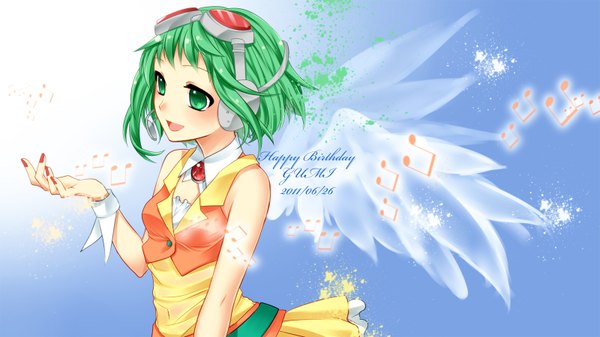 Anime picture 1600x900 with vocaloid gumi yayoi (egoistic realism) single short hair open mouth wide image bare shoulders green eyes looking away nail polish :d green hair dated happy birthday red nail polish goggles on head music girl wings
