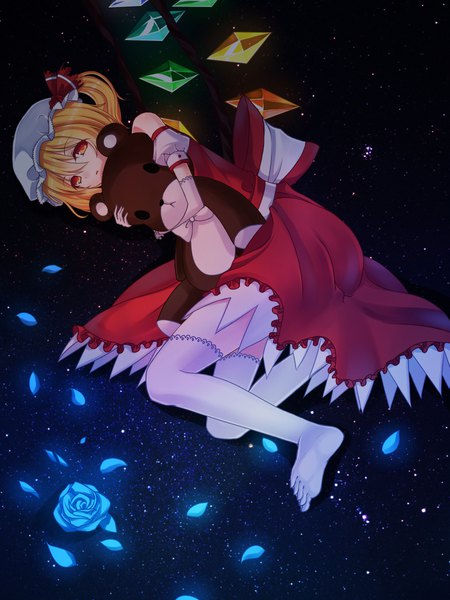 Anime picture 1800x2400 with touhou flandre scarlet izumi4195202 single looking at viewer fringe short hair blonde hair hair between eyes red eyes lying parted lips no shoes puffy sleeves hug one side up glowing on side girl thighhighs