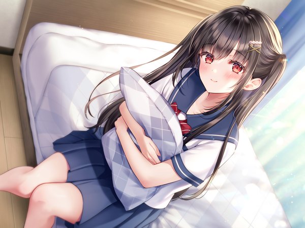 Anime picture 5000x3750 with original yugirlpict single long hair looking at viewer blush fringe highres black hair smile red eyes sitting holding payot absurdres indoors head tilt pleated skirt short sleeves one side up